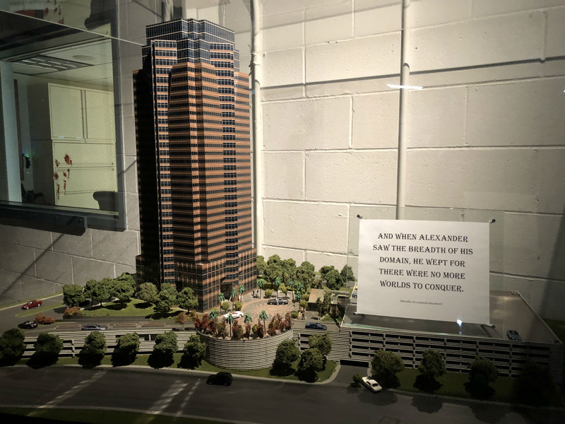 A model of the building from the film still resides inside the building, along with an appropriate quote.
